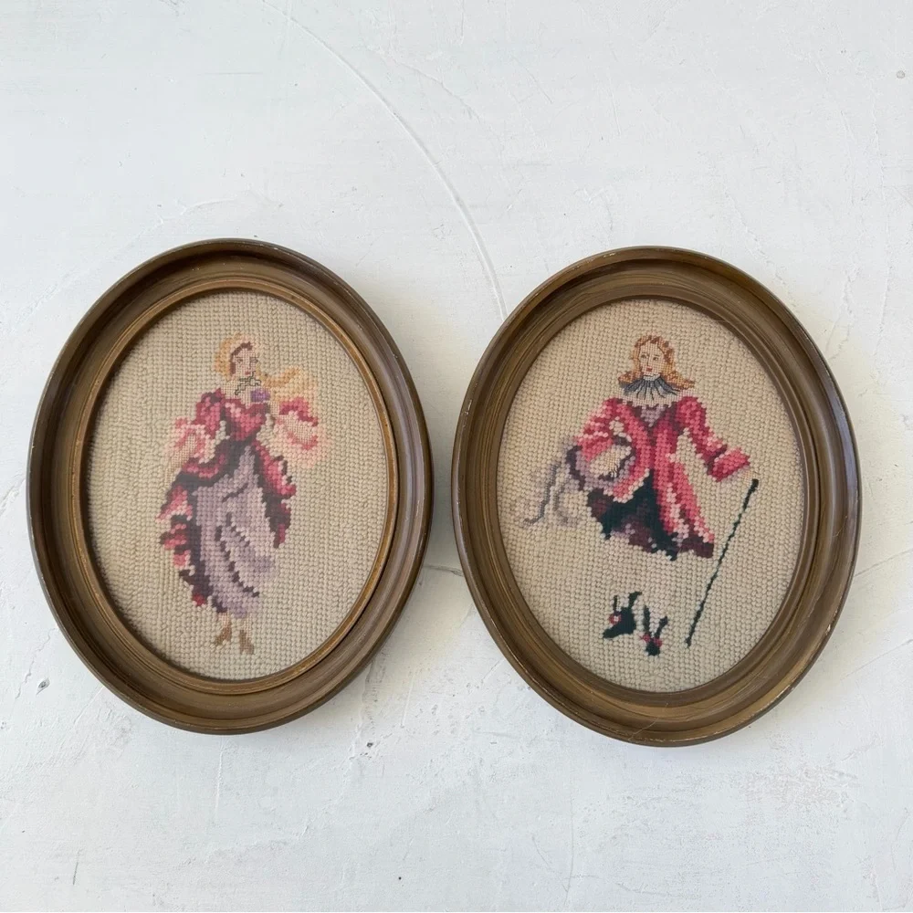 Vintage Victorian Needleworks Wall Decor Cross Stitch Embroidery Set of 2